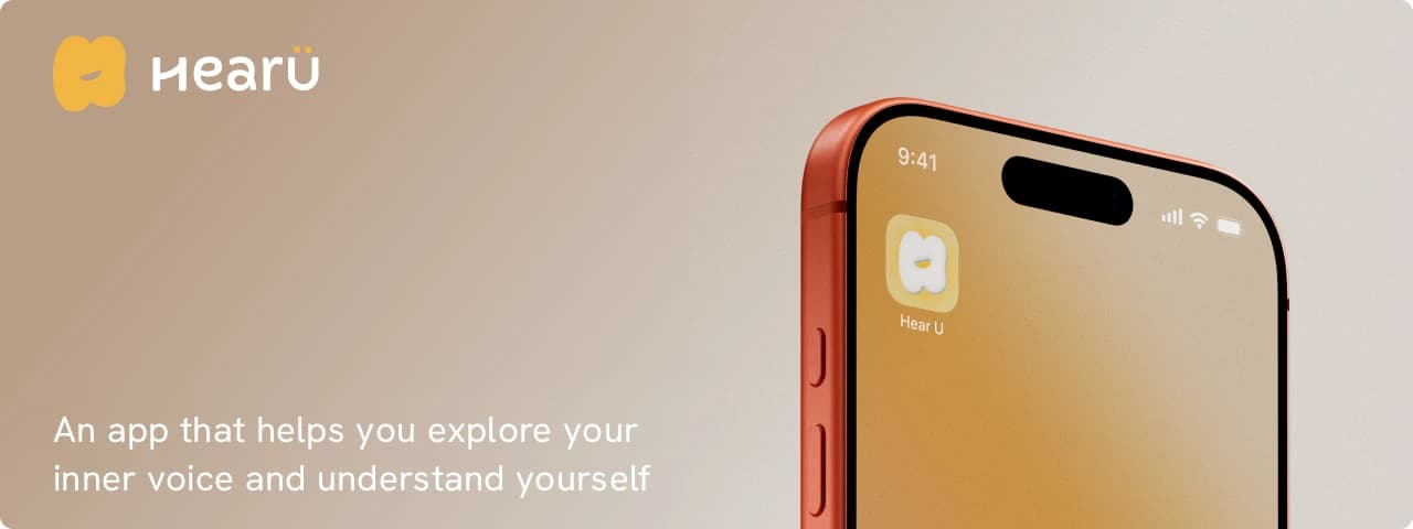 HearU logo and a smartphone showing the HearU app icon, with the text "An app that helps you explore your inner voice and understand yourself"
