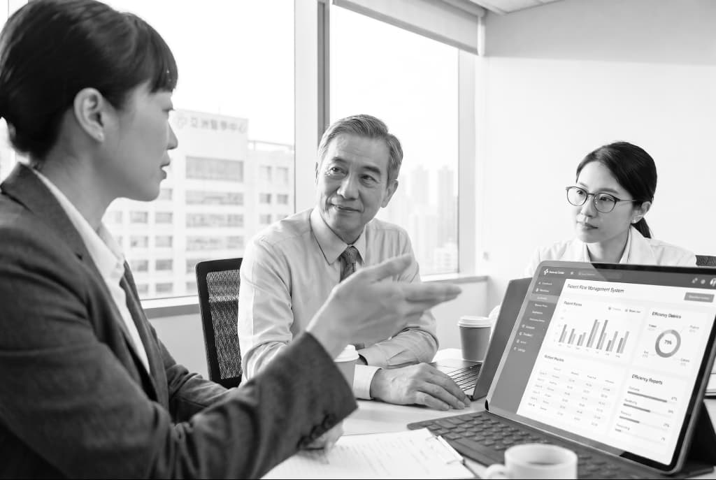 Three people in a meeting room discussing charts on a laptop dashboard